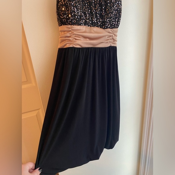 Black Sequin Babydoll Dress Formal Mini Size Medium 2000s Y2K Tie Waist Satin - Picture 3 of 7